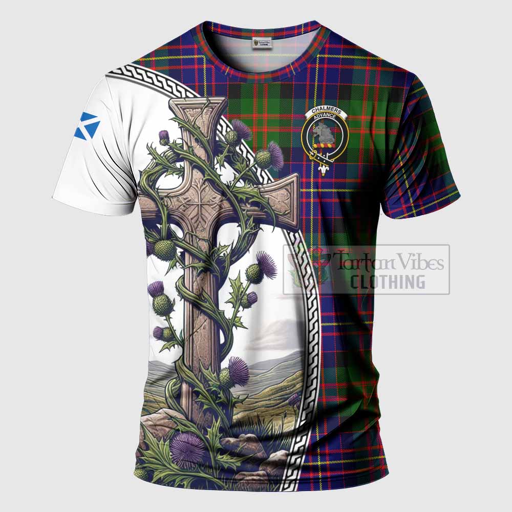 Tartan Vibes Clothing Chalmers Agnew Tartan T-Shirt with Family Crest and St. Andrew's Cross Accented by Thistle Vines