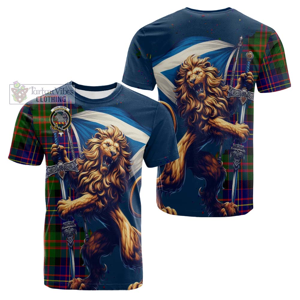 Tartan Vibes Clothing Chalmers Tartan Family Crest Cotton T-shirt with Scottish Majestic Lion