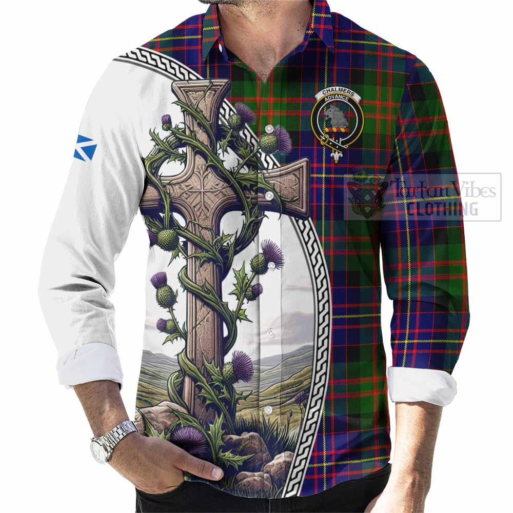 Tartan Vibes Clothing Chalmers Tartan Long Sleeve Button Shirt with Family Crest and St. Andrew's Cross Accented by Thistle Vines