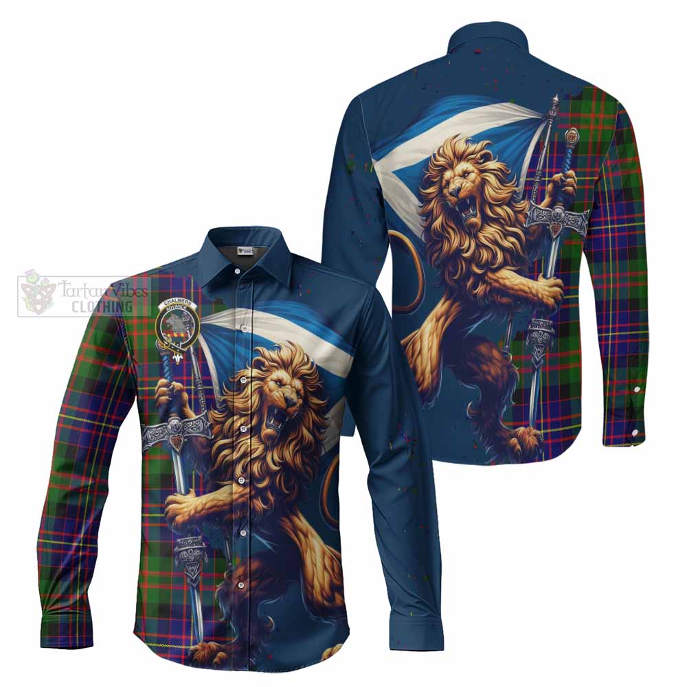 Tartan Vibes Clothing Chalmers Tartan Family Crest Long Sleeve Button Shirt with Scottish Majestic Lion