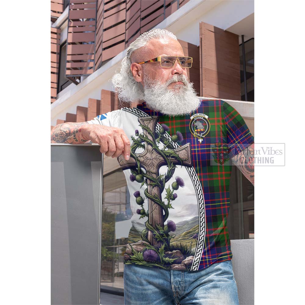 Tartan Vibes Clothing Chalmers Tartan Cotton T-shirt with Family Crest and St. Andrew's Cross Accented by Thistle Vines