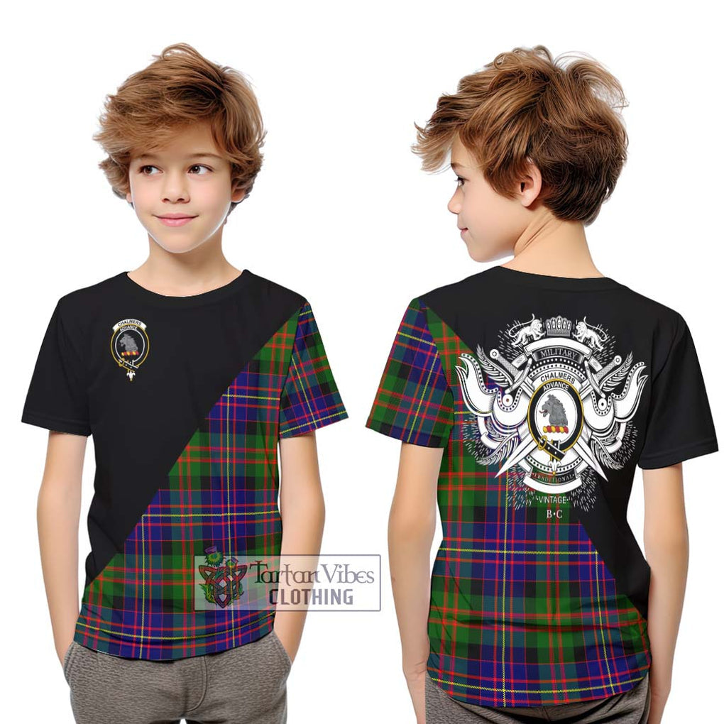 Chalmers Tartan Kid T-Shirt with Family Crest and Military Logo Style Youth XL Size14 - Tartanvibesclothing Shop