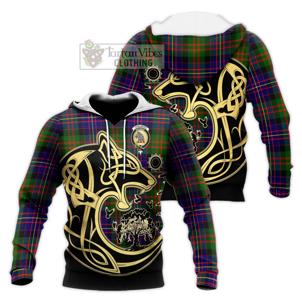 Chalmers Tartan Knitted Hoodie with Family Crest Celtic Wolf Style Unisex Knitted Pullover Hoodie - Tartan Vibes Clothing