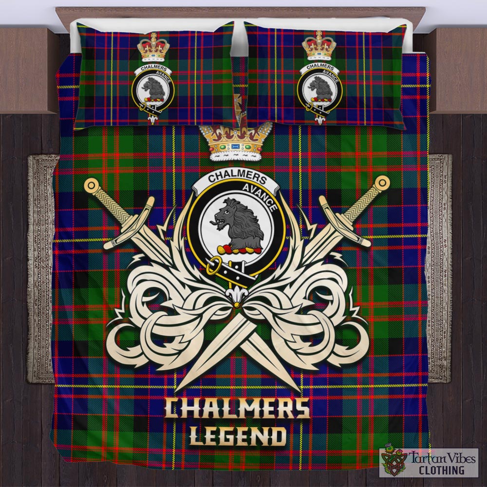 Tartan Vibes Clothing Chalmers Modern Tartan Bedding Set with Clan Crest and the Golden Sword of Courageous Legacy