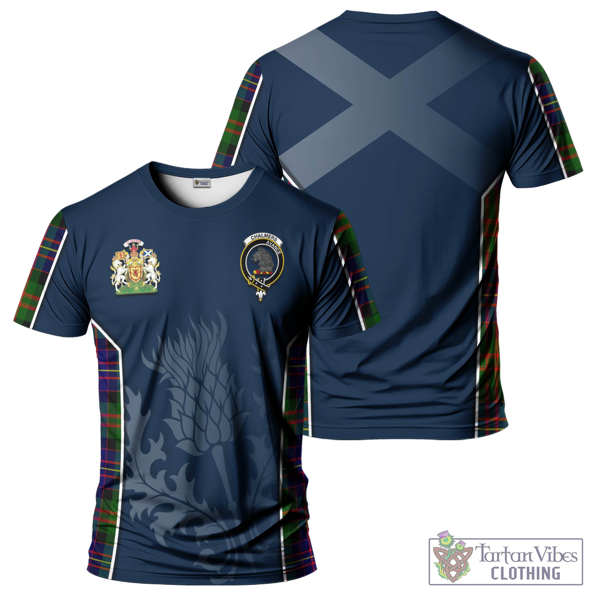 Tartan Vibes Clothing Chalmers Modern Tartan T-Shirt with Family Crest and Scottish Thistle Vibes Sport Style