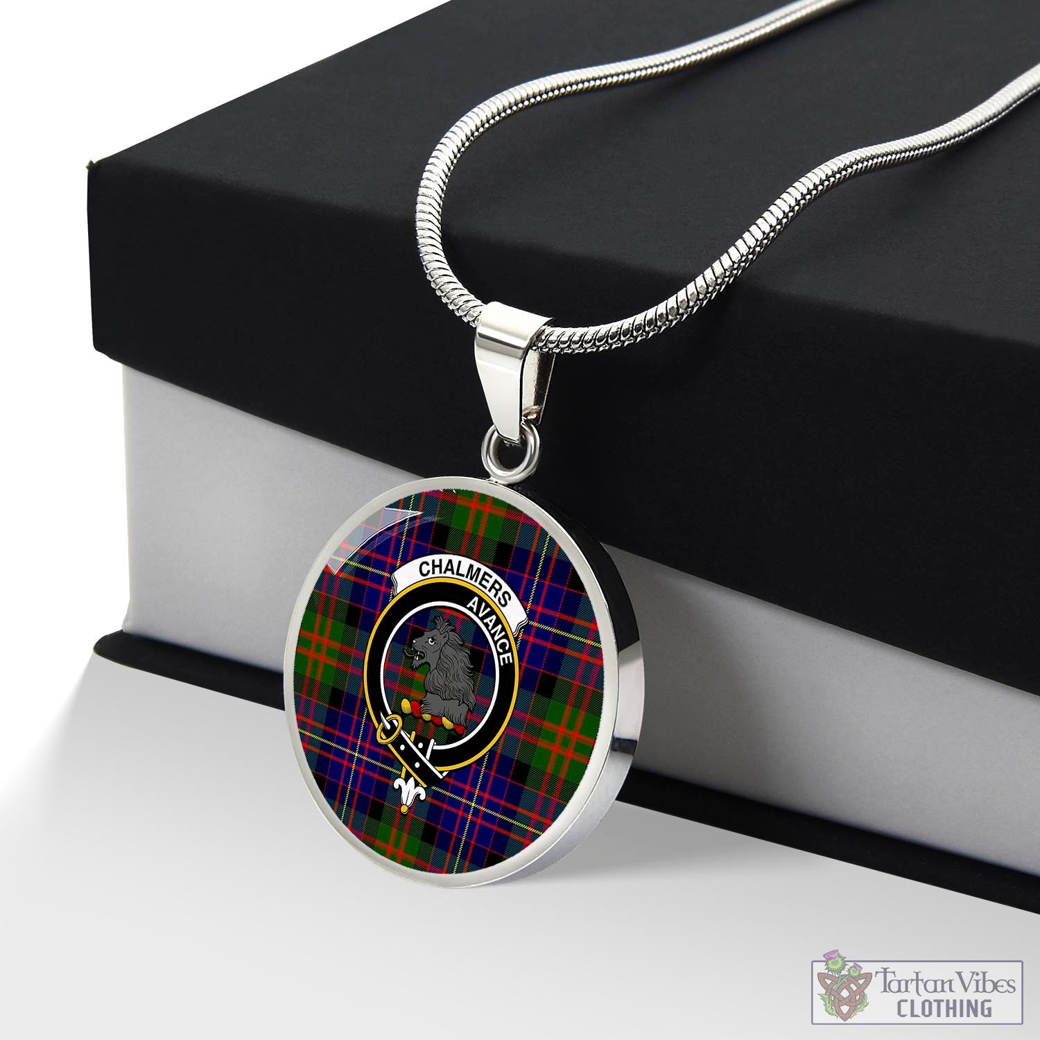 Tartan Vibes Clothing Chalmers Modern Tartan Circle Necklace with Family Crest