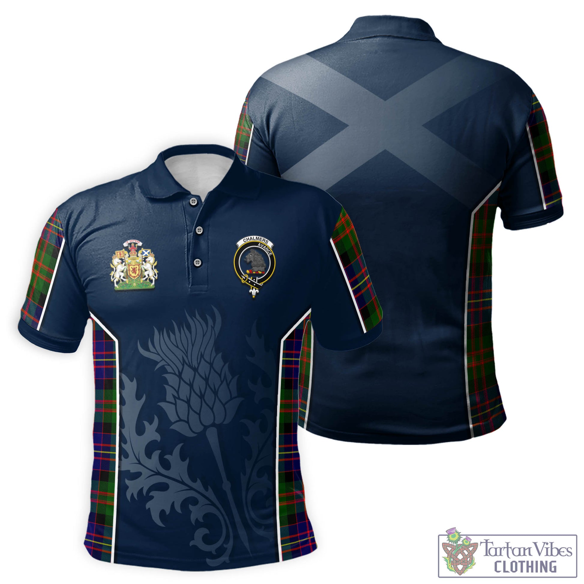 Tartan Vibes Clothing Chalmers Modern Tartan Men's Polo Shirt with Family Crest and Scottish Thistle Vibes Sport Style