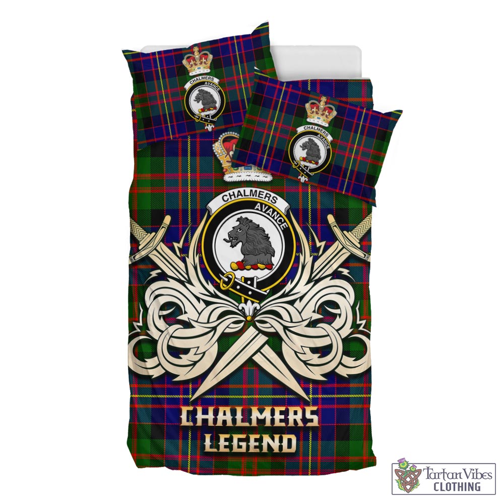 Tartan Vibes Clothing Chalmers Modern Tartan Bedding Set with Clan Crest and the Golden Sword of Courageous Legacy