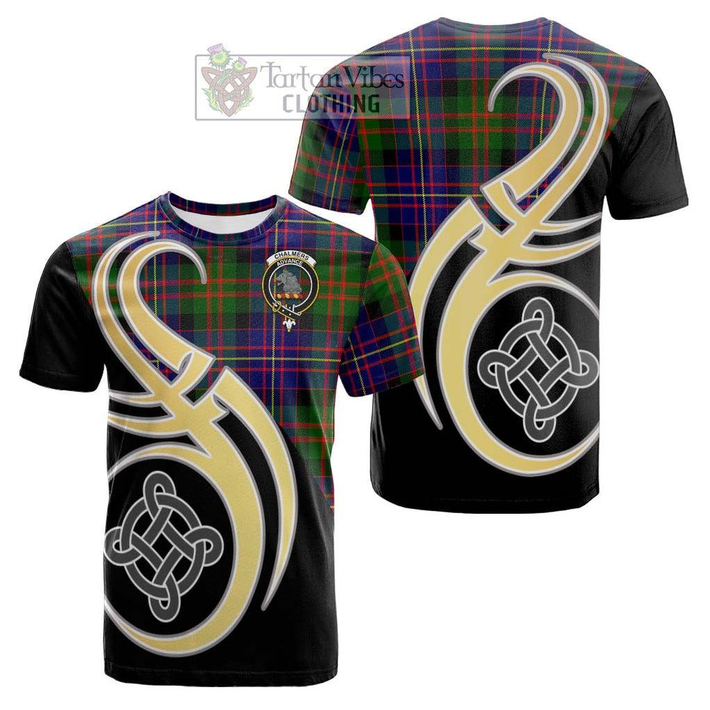 Tartan Vibes Clothing Chalmers Modern Tartan Cotton T-shirt with Family Crest and Celtic Symbol Style