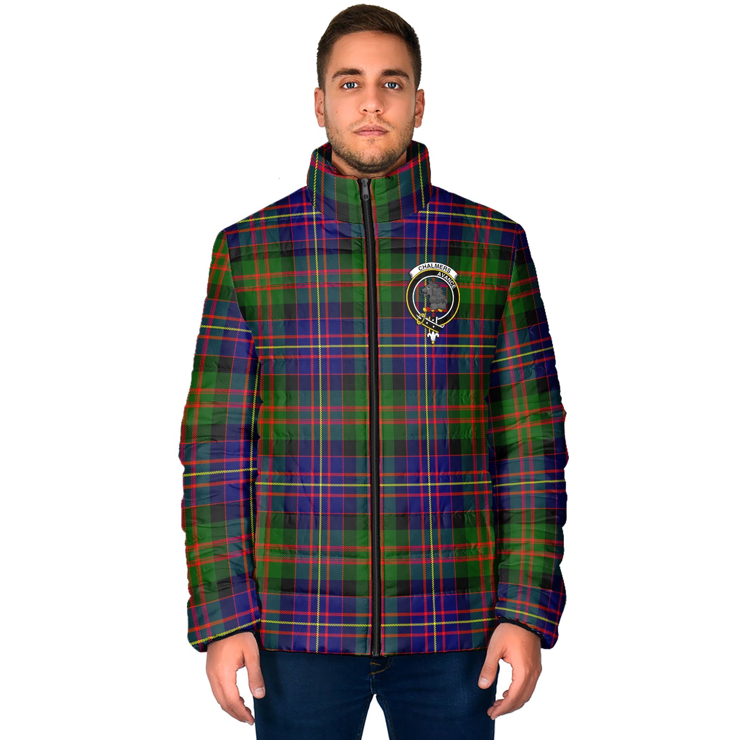 Chalmers Tartan Padded Jacket with Family Crest - Tartan Vibes Clothing