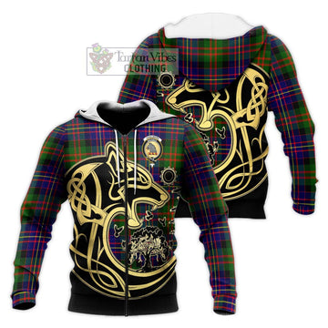 Chalmers Tartan Knitted Hoodie with Family Crest Celtic Wolf Style