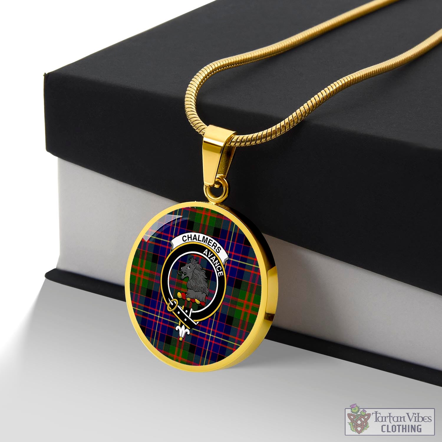 Tartan Vibes Clothing Chalmers Modern Tartan Circle Necklace with Family Crest