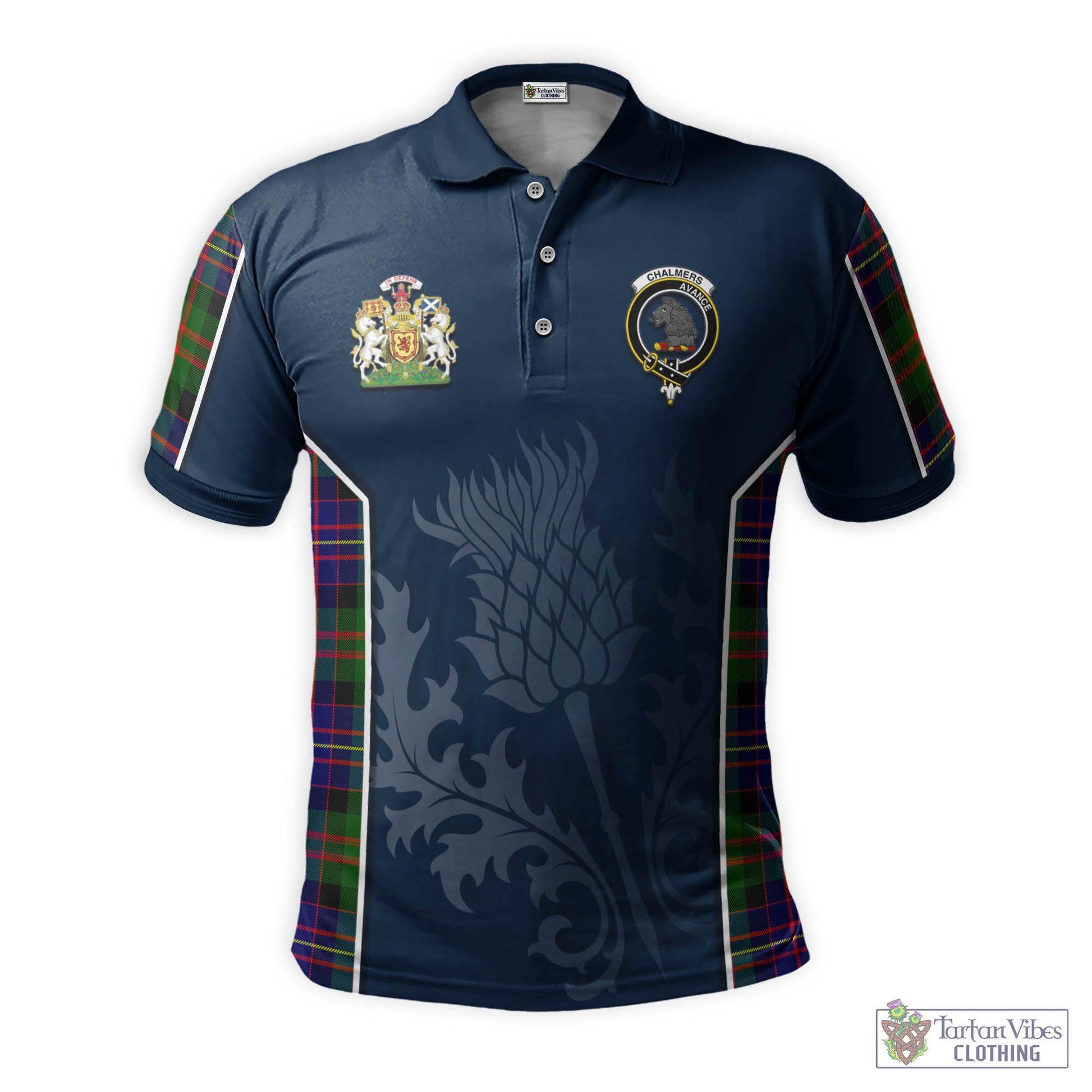 Tartan Vibes Clothing Chalmers Modern Tartan Men's Polo Shirt with Family Crest and Scottish Thistle Vibes Sport Style