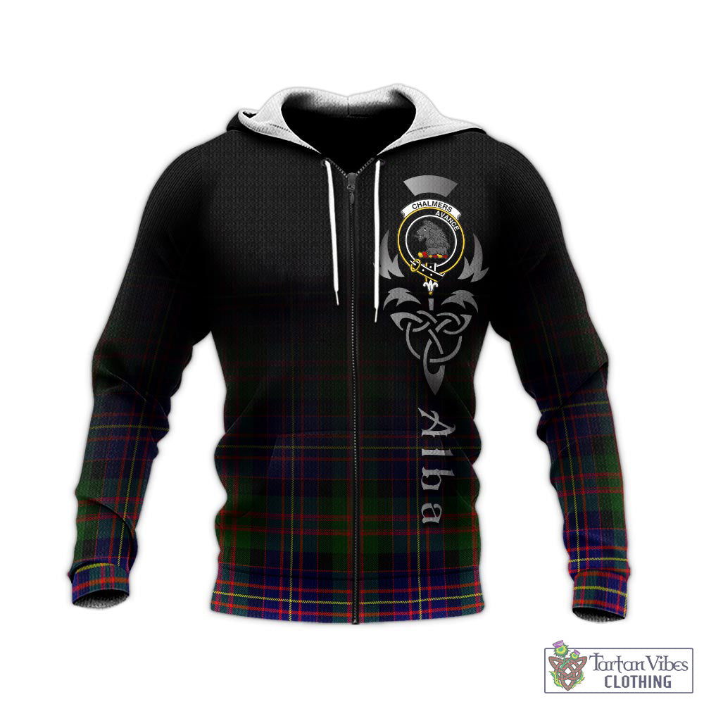 Tartan Vibes Clothing Chalmers Modern Tartan Knitted Hoodie Featuring Alba Gu Brath Family Crest Celtic Inspired