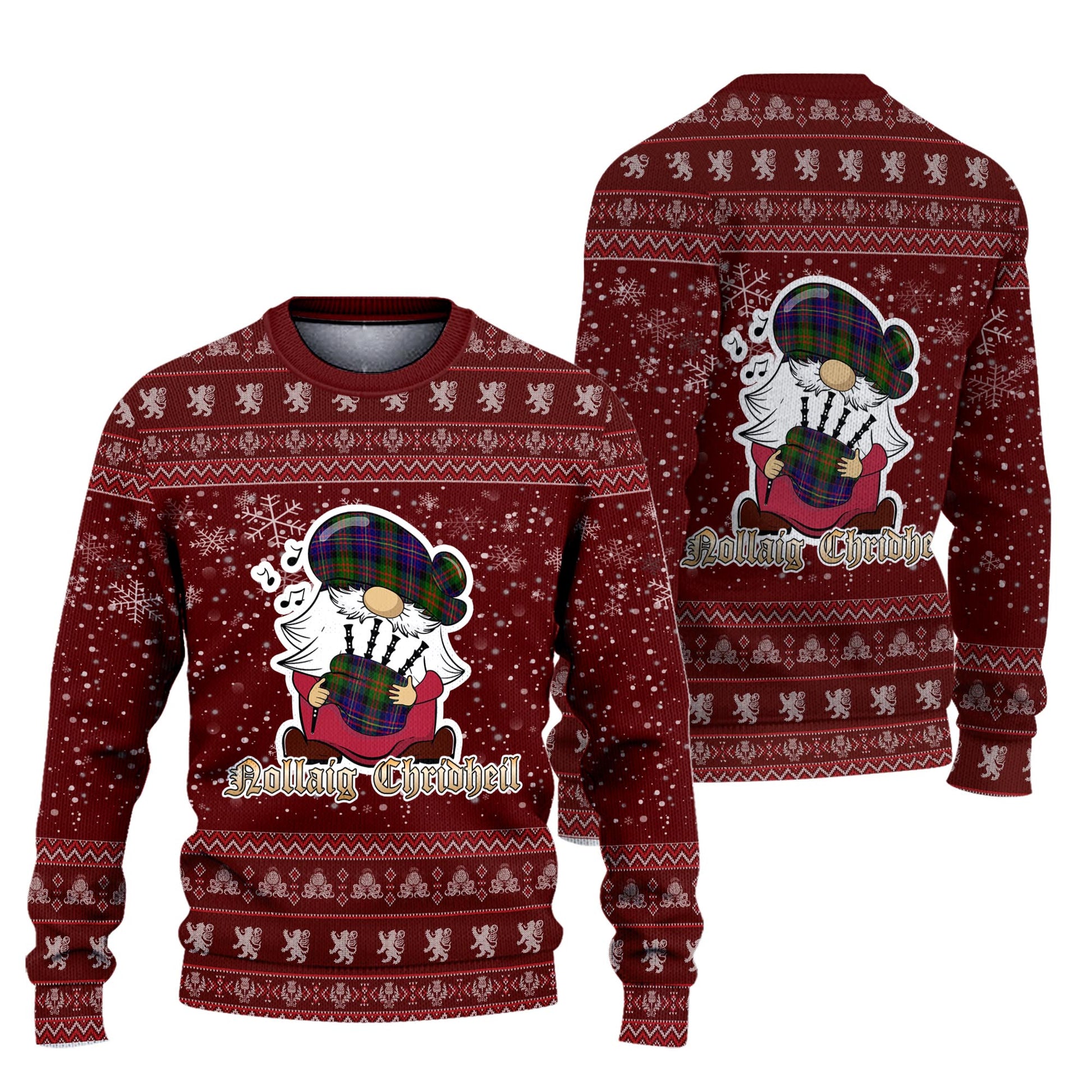 Chalmers Modern Clan Christmas Family Knitted Sweater with Funny Gnome Playing Bagpipes Unisex Red - Tartanvibesclothing