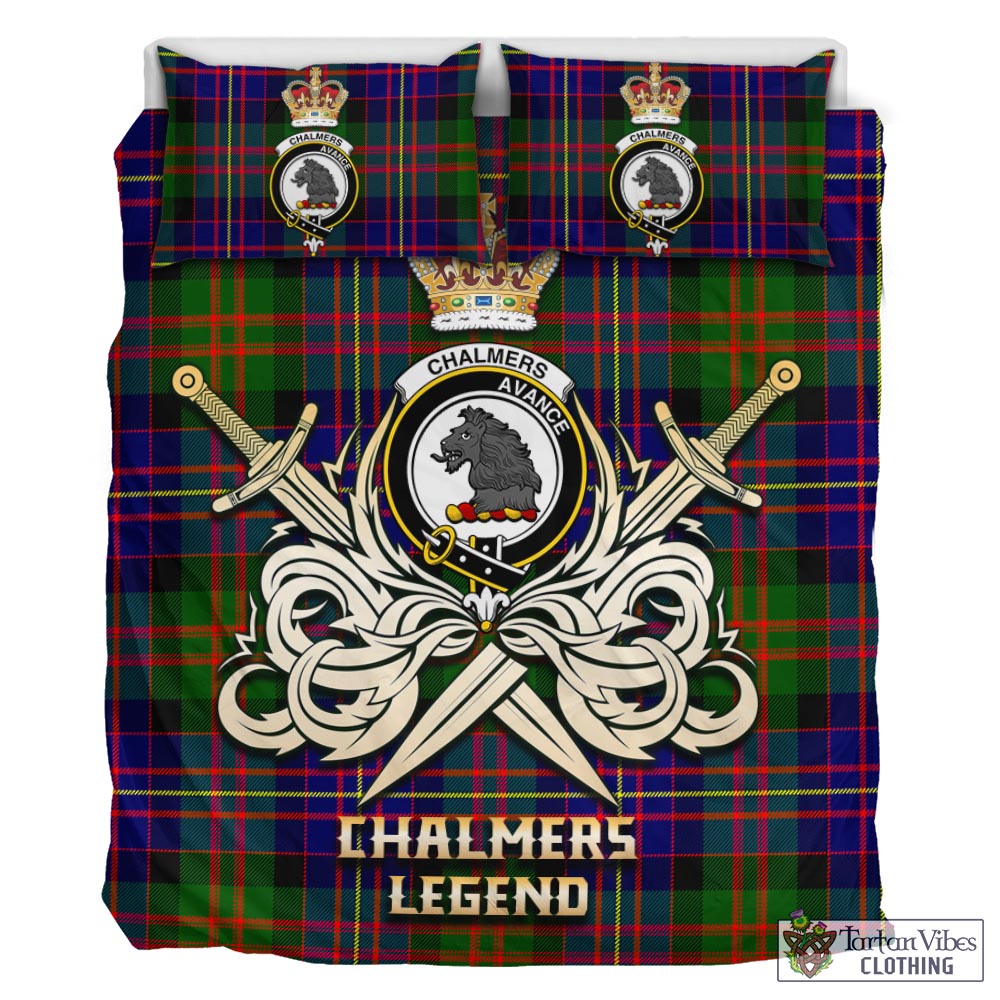 Tartan Vibes Clothing Chalmers Modern Tartan Bedding Set with Clan Crest and the Golden Sword of Courageous Legacy