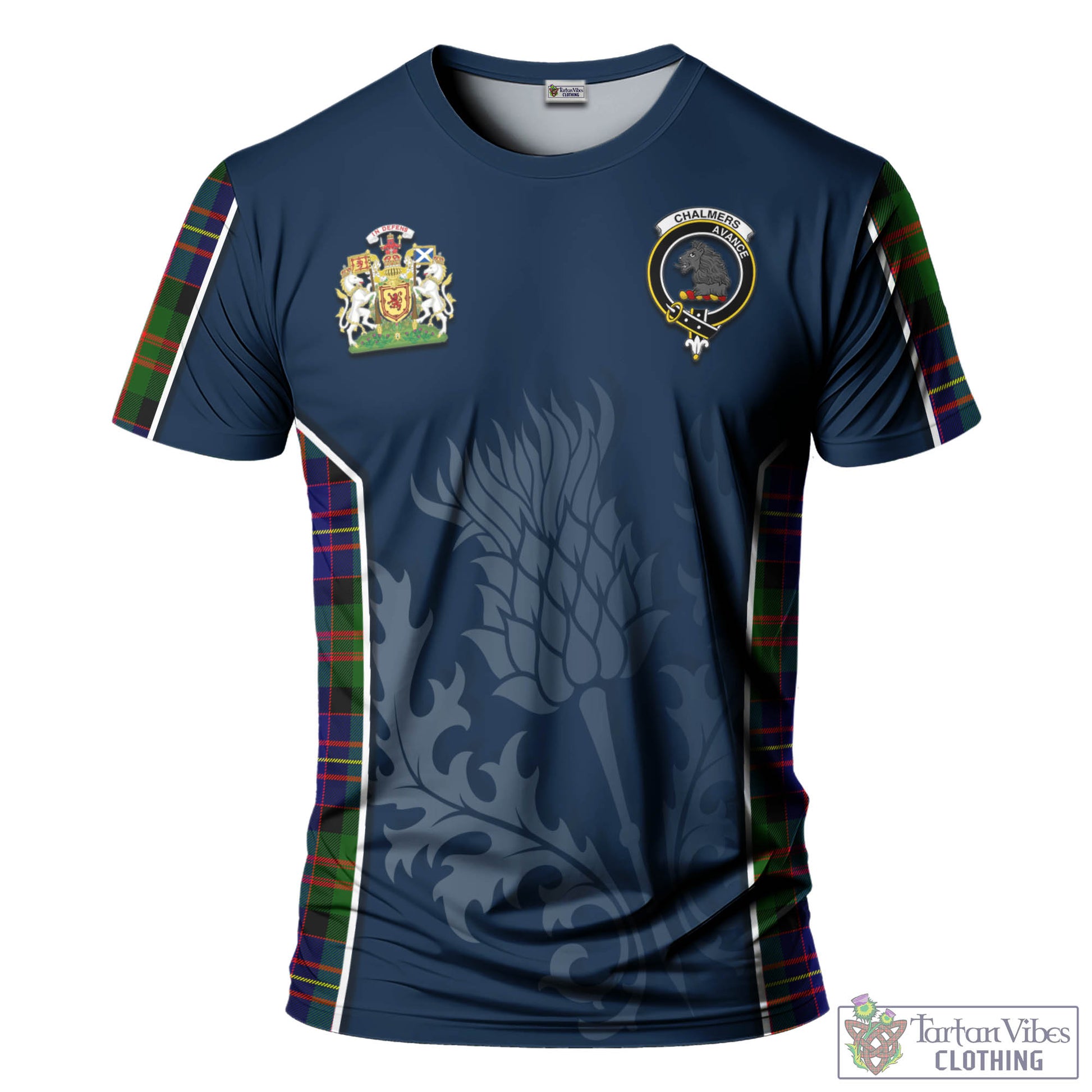 Tartan Vibes Clothing Chalmers Modern Tartan T-Shirt with Family Crest and Scottish Thistle Vibes Sport Style