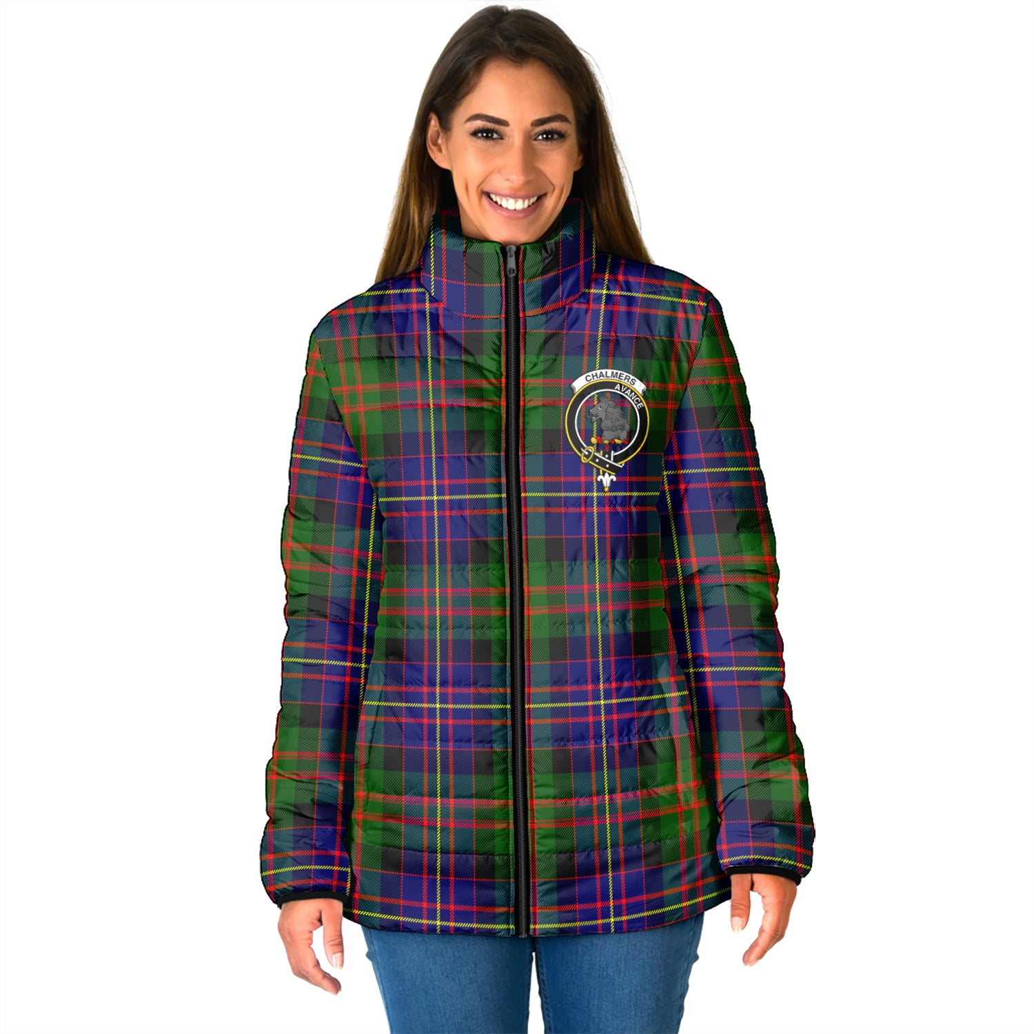 Chalmers Tartan Padded Jacket with Family Crest - Tartan Vibes Clothing