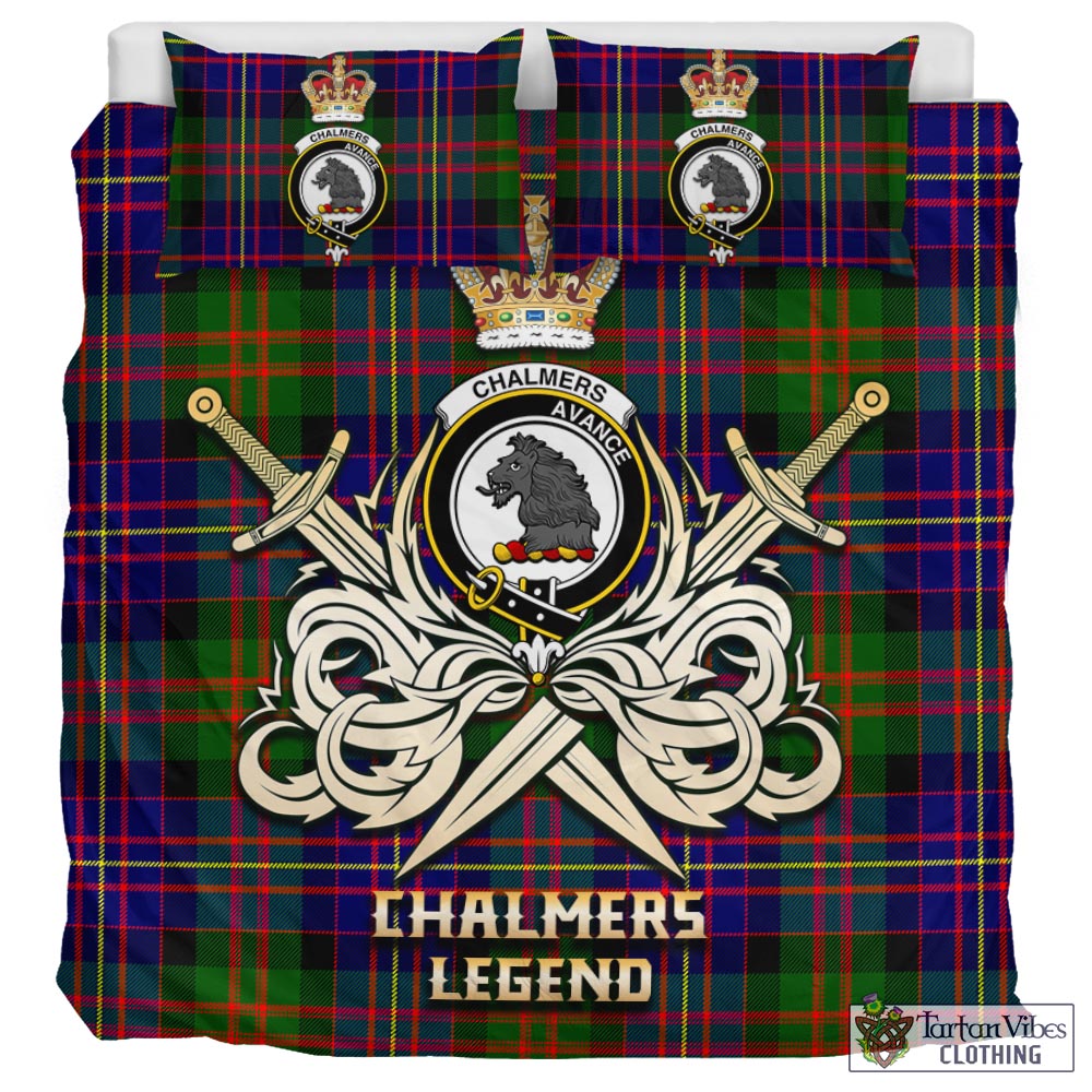 Tartan Vibes Clothing Chalmers Modern Tartan Bedding Set with Clan Crest and the Golden Sword of Courageous Legacy