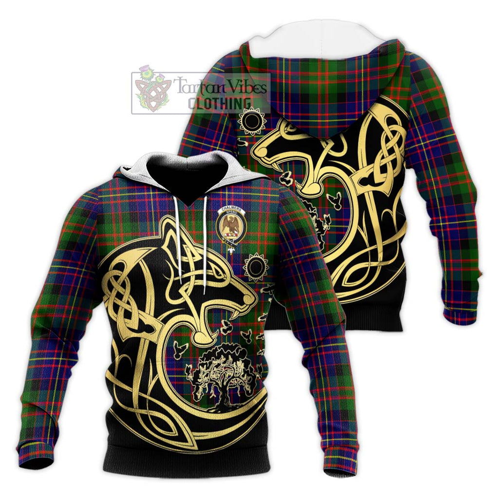 Chalmers of Balnacraig Tartan Knitted Hoodie with Family Crest Celtic Wolf Style Unisex Knitted Pullover Hoodie - Tartan Vibes Clothing