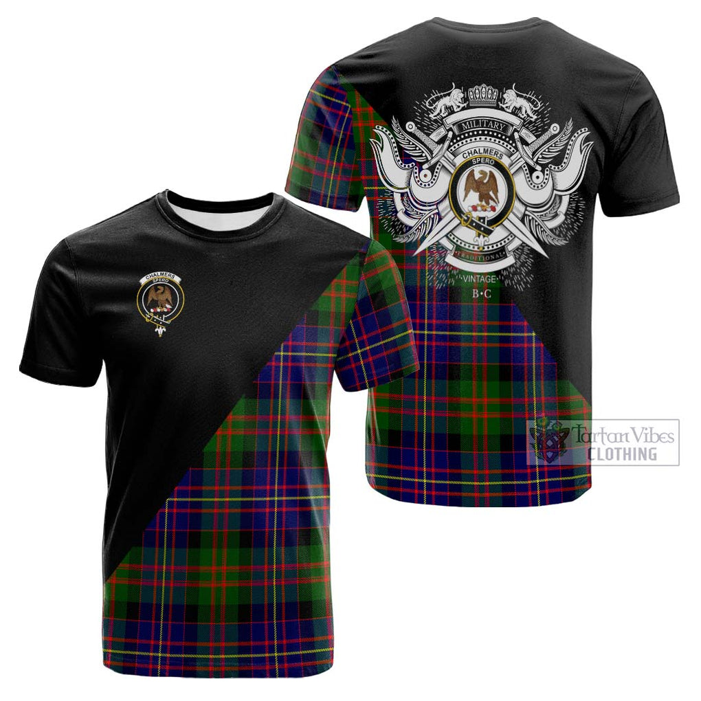 Tartan Vibes Clothing Chalmers of Balnacraig Tartan Cotton T-shirt with Family Crest and Military Logo Style