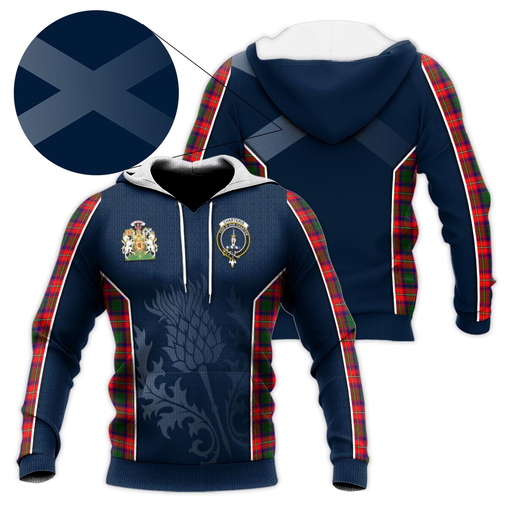 Tartan Vibes Clothing Charteris Tartan Knitted Hoodie with Family Crest and Scottish Thistle Vibes Sport Style