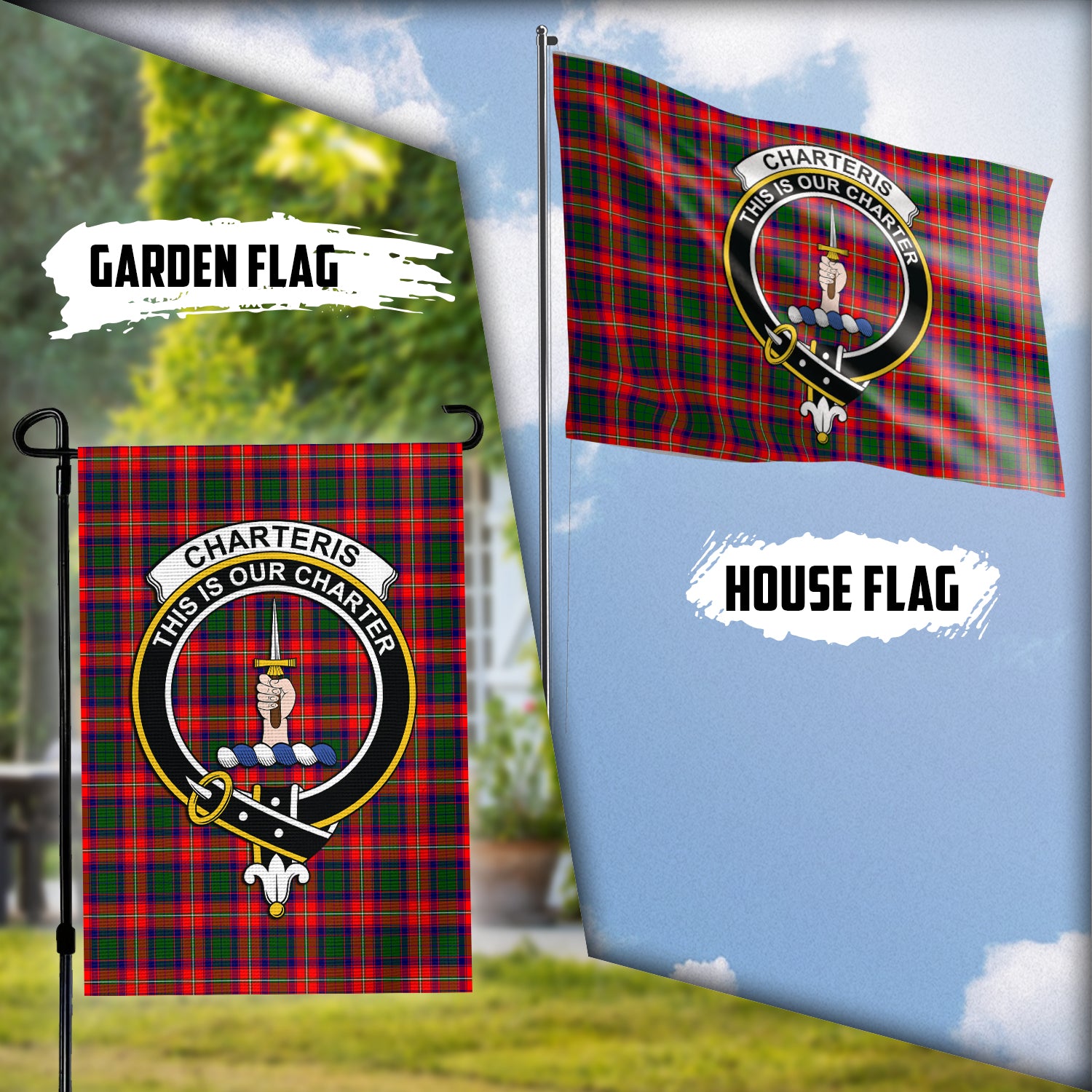 Charteris Tartan Flag with Family Crest Garden Flag (Vertical) - Tartan Vibes Clothing