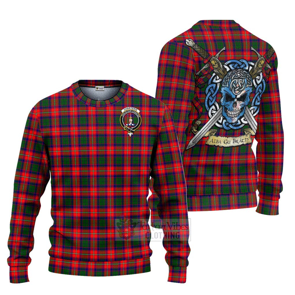 Tartan Vibes Clothing Charteris Tartan Knitted Sweater with Family Crest Celtic Skull Style