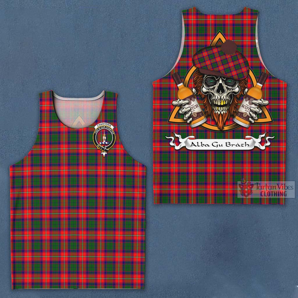 Tartan Vibes Clothing Charteris Tartan Men's Tank Top with Family Crest and Bearded Skull Holding Bottles of Whiskey