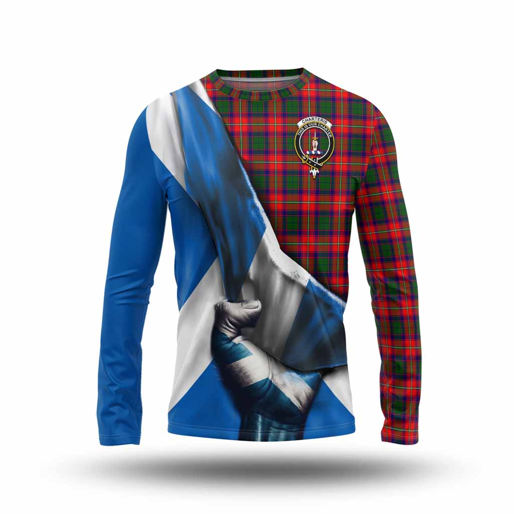 Tartan Vibes Clothing Charteris Tartan Long Sleeve T-Shirt with Family Crest Scotland Patriotic Style