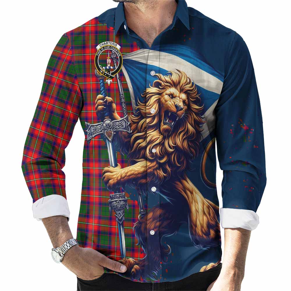 Tartan Vibes Clothing Charteris Tartan Family Crest Long Sleeve Button Shirt with Scottish Majestic Lion