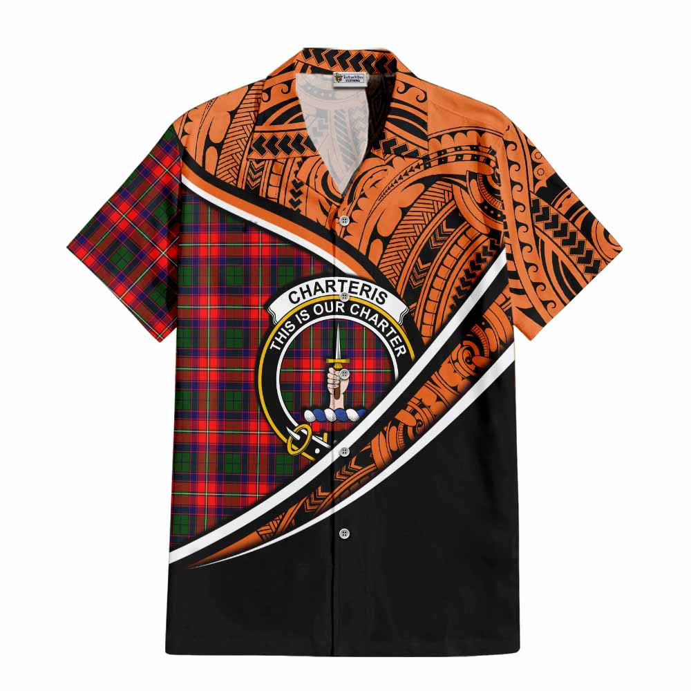 Tartan Vibes Clothing Charteris Crest Tartan Short Sleeve Button Shirt with Maori Tattoo Style - Orange Version