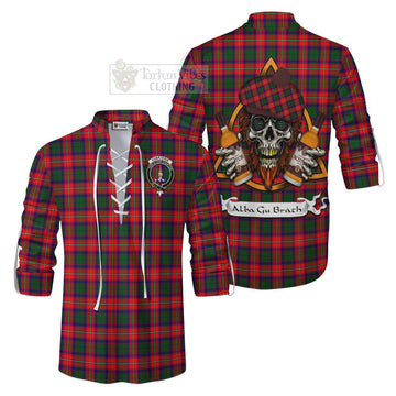 Charteris Tartan Ghillie Kilt Shirt with Family Crest and Bearded Skull Holding Bottles of Whiskey