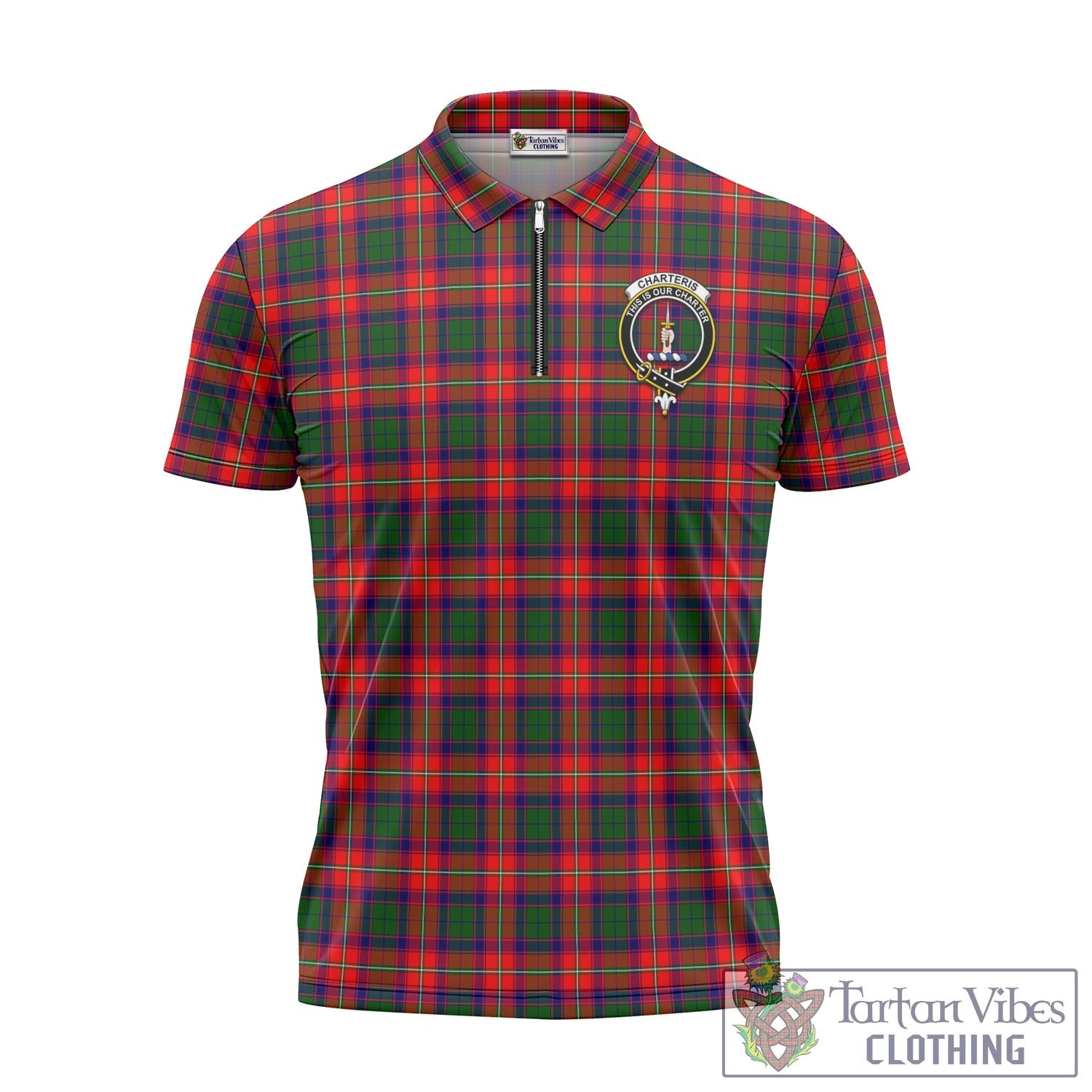 Tartan Vibes Clothing Charteris Tartan Zipper Polo Shirt with Family Crest