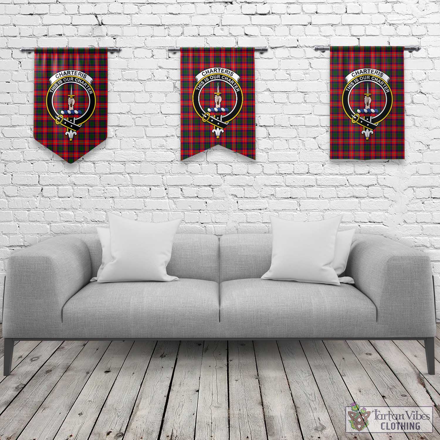 Tartan Vibes Clothing Charteris Tartan Gonfalon, Tartan Banner with Family Crest