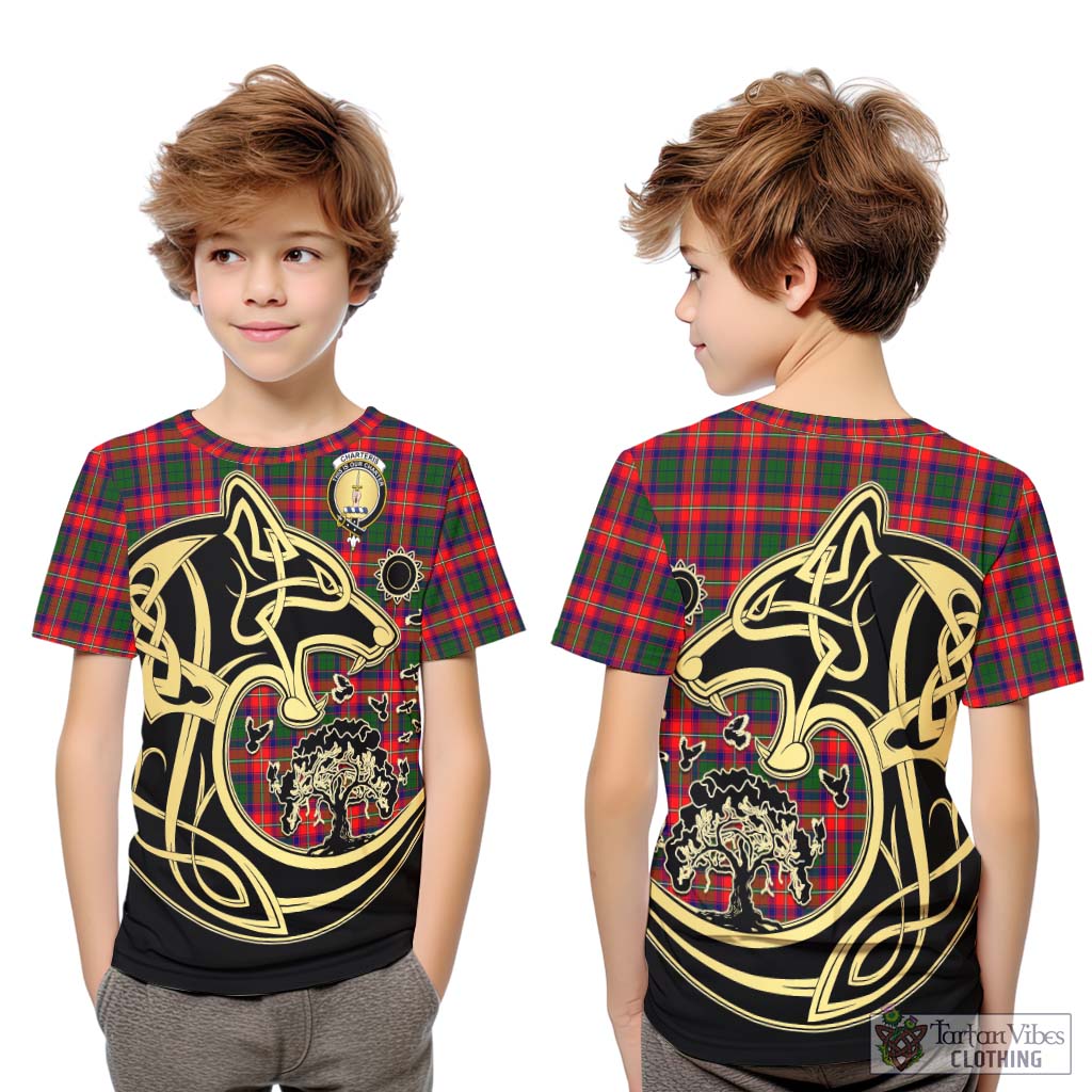 Tartan Vibes Clothing Charteris Tartan Kid T-Shirt with Family Crest Celtic Wolf Style