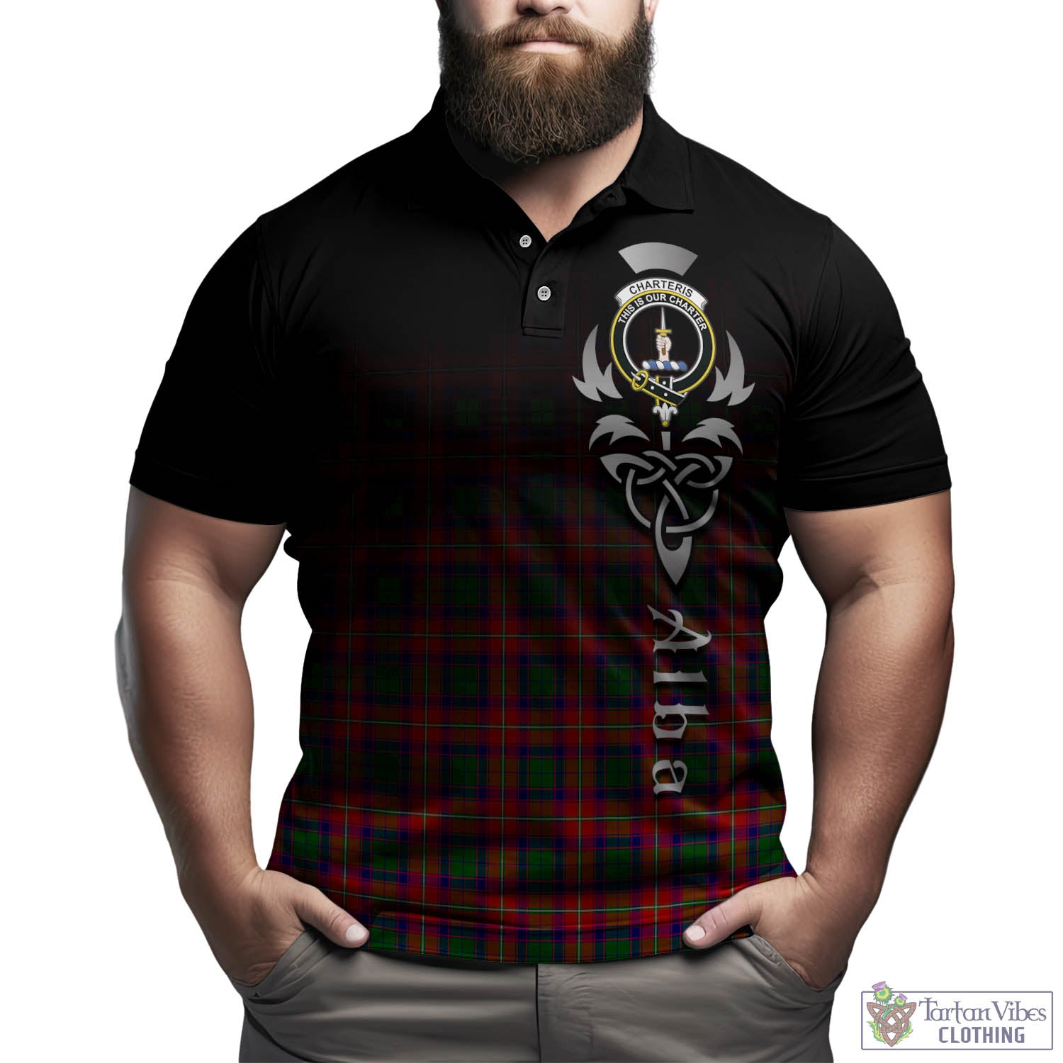 Tartan Vibes Clothing Charteris Tartan Polo Shirt Featuring Alba Gu Brath Family Crest Celtic Inspired