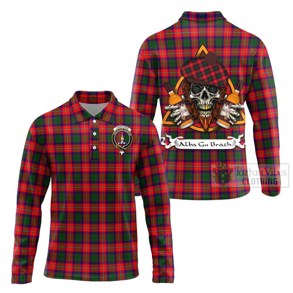 Tartan Vibes Clothing Charteris Tartan Long Sleeve Polo Shirt with Family Crest and Bearded Skull Holding Bottles of Whiskey