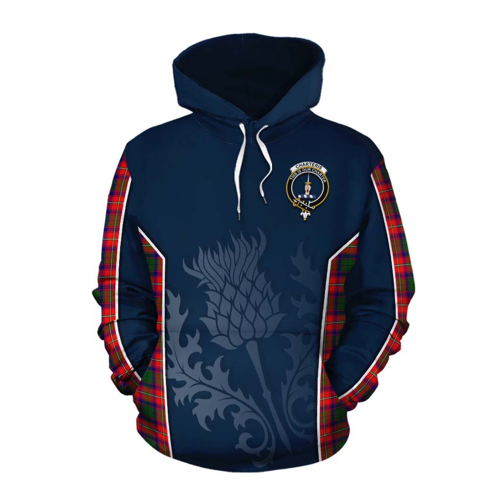 Tartan Vibes Clothing Charteris Tartan Cotton Hoodie with Family Crest and Scottish Thistle Vibes Sport Style