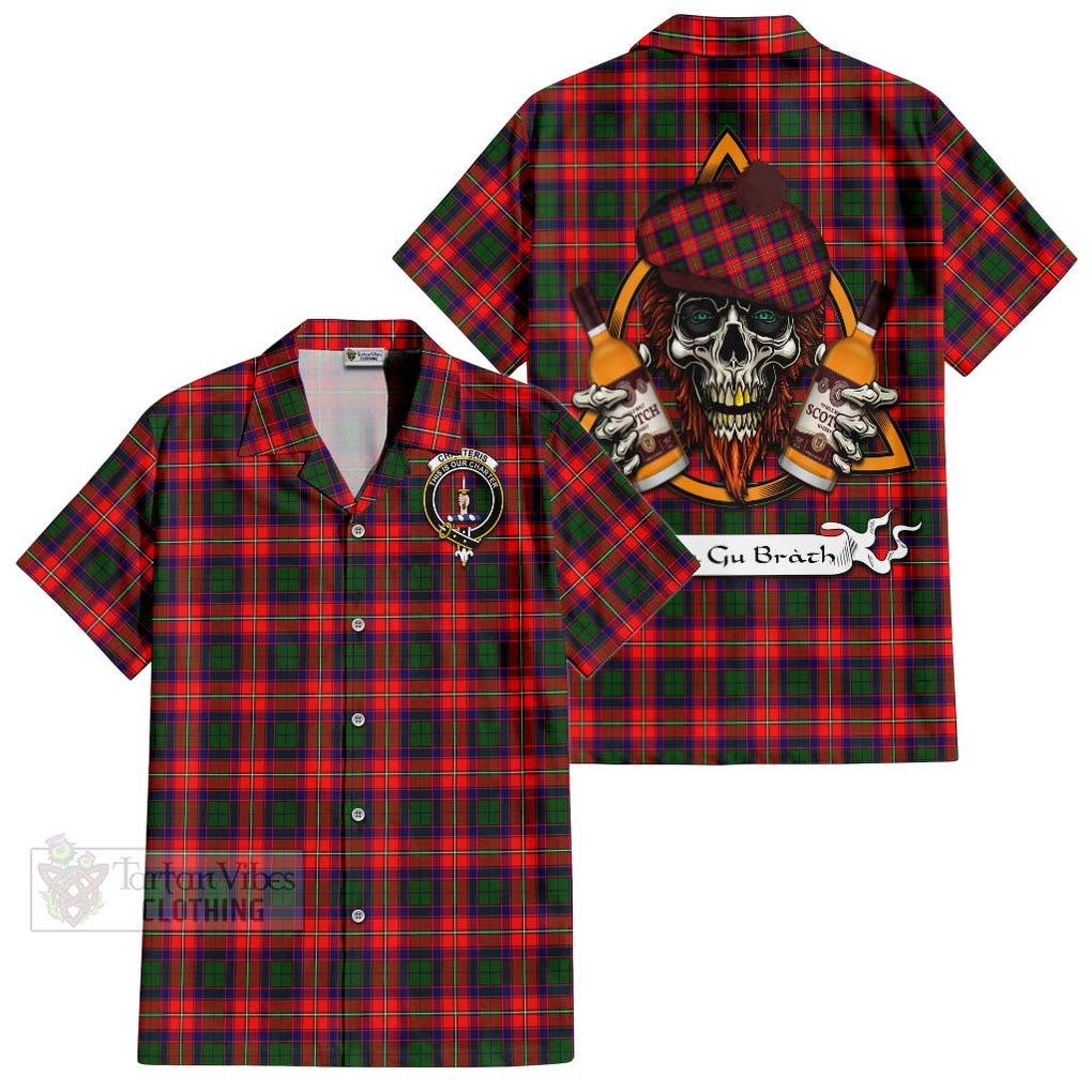 Tartan Vibes Clothing Charteris Tartan Short Sleeve Button Shirt with Family Crest and Bearded Skull Holding Bottles of Whiskey