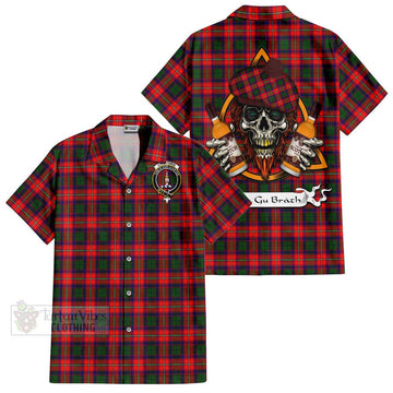 Charteris Tartan Short Sleeve Button Shirt with Family Crest and Bearded Skull Holding Bottles of Whiskey