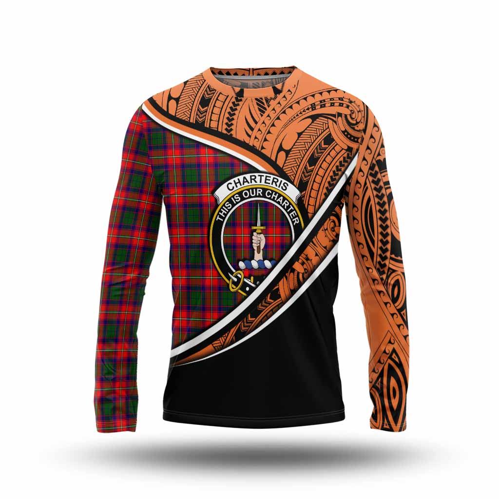 Tartan Vibes Clothing Charteris Crest Tartan Long Sleeve T-Shirt with Maori Tattoo Style - Orange Version