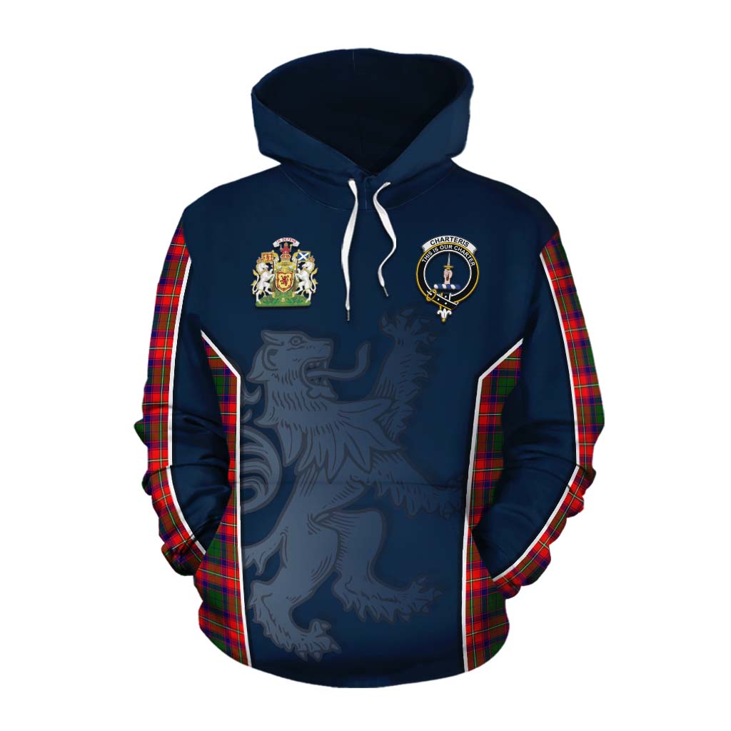 Tartan Vibes Clothing Charteris Tartan Cotton Hoodie with Family Crest and Lion Rampant Vibes Sport Style