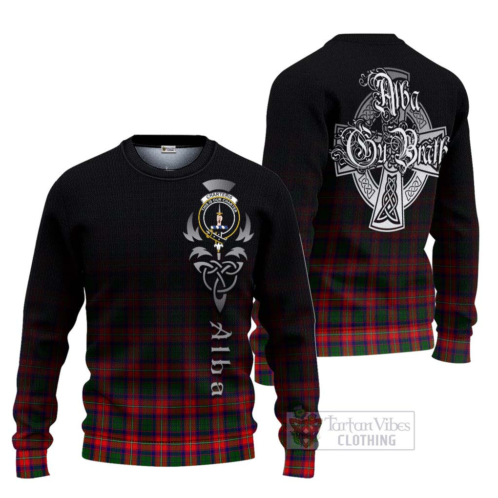 Tartan Vibes Clothing Charteris Tartan Knitted Sweater Featuring Alba Gu Brath Family Crest Celtic Inspired