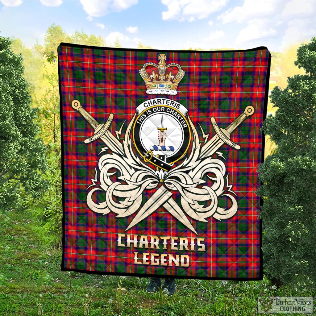 Tartan Vibes Clothing Charteris Tartan Quilt with Clan Crest and the Golden Sword of Courageous Legacy