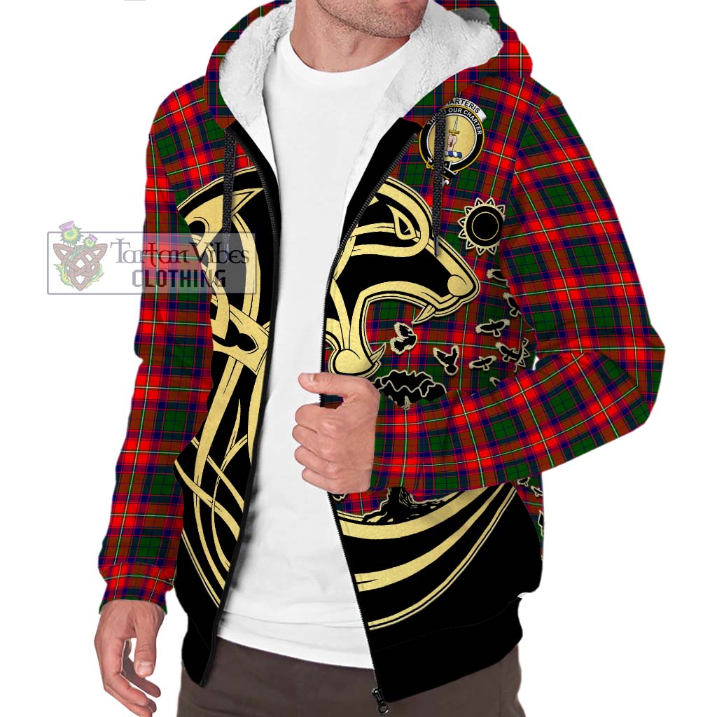 Tartan Vibes Clothing Charteris Tartan Sherpa Hoodie with Family Crest Celtic Wolf Style