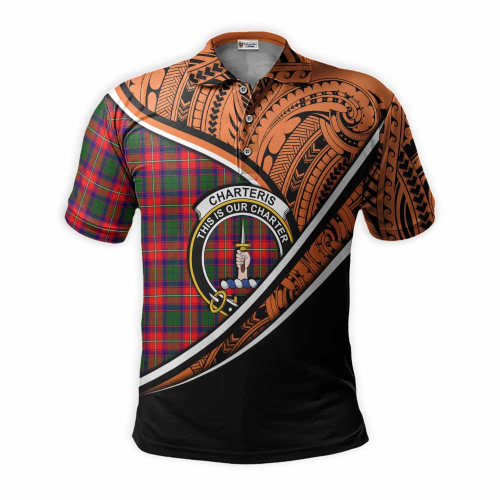 Tartan Vibes Clothing Charteris Crest Tartan Polo Shirt with Maori Tattoo Style - Orange Version