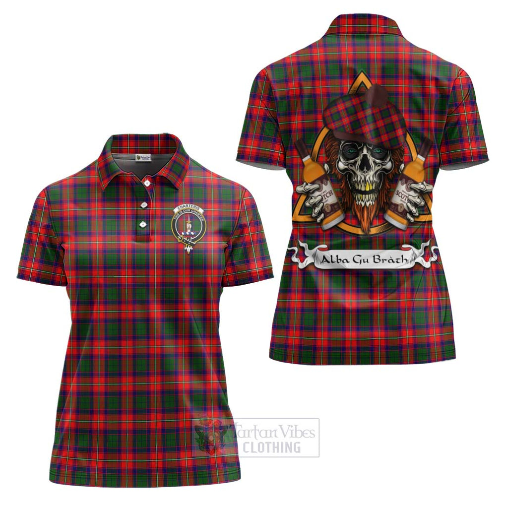 Tartan Vibes Clothing Charteris Tartan Women's Polo Shirt with Family Crest and Bearded Skull Holding Bottles of Whiskey