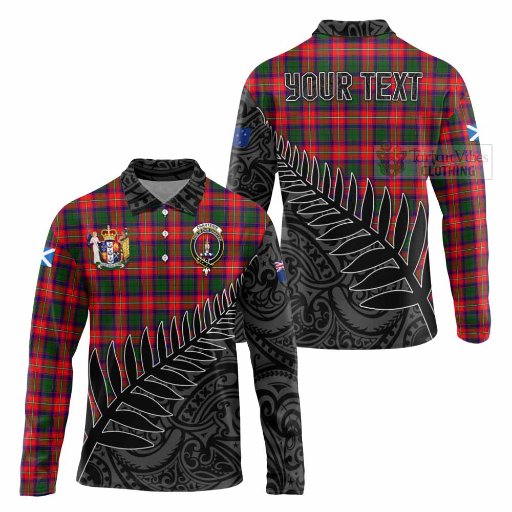 Tartan Vibes Clothing Charteris Crest Tartan Long Sleeve Polo Shirt with New Zealand Silver Fern Half Style