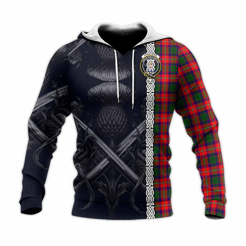 Tartan Vibes Clothing Charteris Tartan Knitted Hoodie with Family Crest Cross Sword Thistle Celtic Vibes